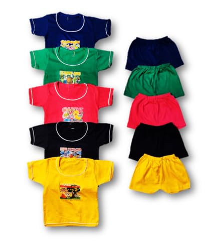 Image of Unisex Clothing Set for Baby Boy and Baby Girl 100% Cotton Tshirt and Shorts Set | Pack of 10 (5 Tshirt + 5 Shorts), Multi Colored, Size from 0 Months Up to 2 Year)