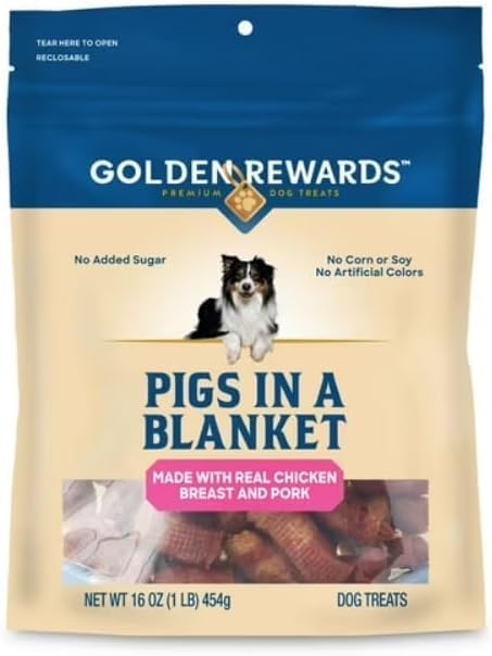 Golden_Rewards Pigs in a Blanket Dog Treats, Made with Real Chicken Breast and Pork, No Added Sugar, Perfect for Training or Rewarding Dogs, 16 oz