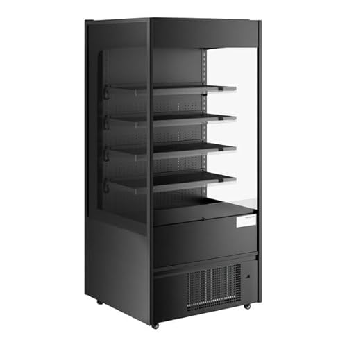 Image of Glownary VOA-36-B Black Extra Deep Vertical Open Air Merchandiser, 35 3/8" x 32" x 75 13/16", LED Lighting, 4 Steel Shelves, Digital Controls, 20.67 Cu. Ft, 115V