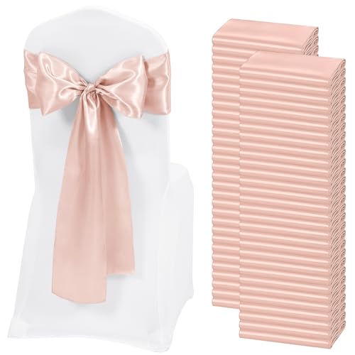REWOMC 60 PCS Rose Gold Satin Chair Sashes, 7 x 108 Inch