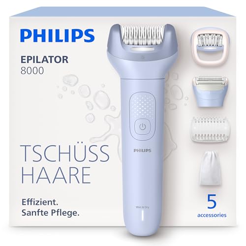 Philips Epilierer Series 8000 - Kabelloser Epilierer für Nass- und Trockenanwendung Haarentfernung für Beine und Körper mit ProGuide 5 Zubehörteile 60 Min. Akku Modell BRE709/00