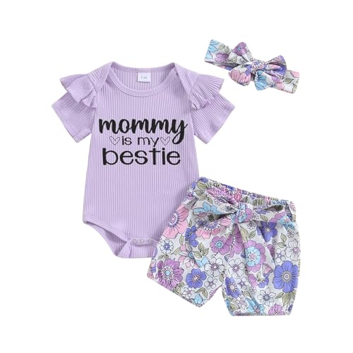 Image of Adobabirl Baby Girl Newborn Clothes Short Sleeve Ribbed Romper Onesie Ruffle Shorts Bloomers Headband Summer Outfits Set
