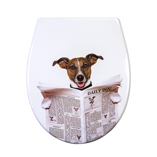 Fanmitrk Toilettendeckel, WC Sitz mit Absenkautomatik, Klodeckel Duroplast, Klobrille Montage von oben, Demontage mit einem Klick, Muster auf 3 Seiten des Toilettensitzes aufgedruckt (Hund)