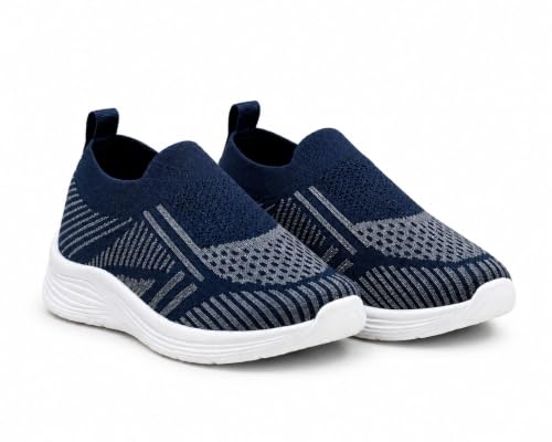 Image of Slip-On Knit Sneakers, Navy Blue, Lightweight Walking Shoes, White Sole