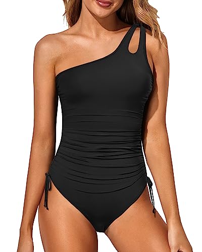 Holipick One Shoulder One Piece Swimsuit for Women Tummy Control Bathing Suits Modest Full Coverage Keyhole Swimwear