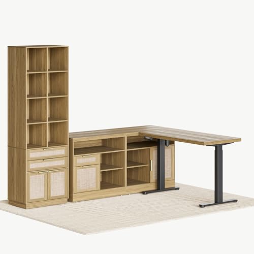 Perledesign Home Office Furniture Set, 48\'\' Standing Desk with 73\'\' Bookshelf, Electric Height Adjustable Desk with 2 File Cabinet, Bookcase with Doors, Rattan Office Furniture Sets, Natural Oak
