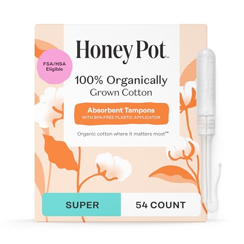 The Honey Pot Company - Super Absorbency - 100% Organic Cotton Core Tampons w/Bio Plastic Applicator - Feminine Care – Unscented - 54 Count (3 Packs of 18)