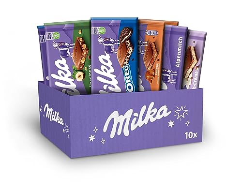 Caja de tabletas Milka, Surtido de 5 sabores, Oreo, con Leche , Caramelo, Avellana troceada, Cremoso con leche, 10 tabletas x 100 g