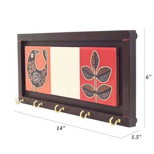 Image of AAKRITI ART CREATIONS Key Holder, Pichhwai Handcrafted Tiles Key Holder Panel | Rustic Ceramic & Wood Wall Organizer with 5 Hooks | Storage Shelf for Keys, Hats | Multifunctional Entryway Decor.