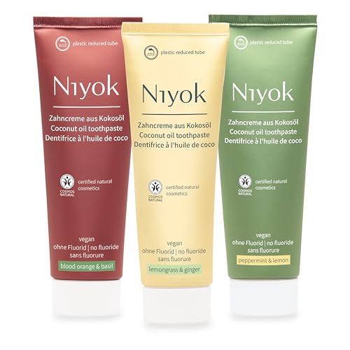 Niyok Zahncreme aus Bio Kokosöl (3x75ml), Zahnpasta ohne Fluorid, Ohne Mikroplastik, Naturkosmetik Sensitiv, Auch für Kinder, Vegane Zahncreme, Natürliche Geschmacksrichtungen