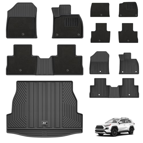 3W Floor Mats & Cargo Liner Fit for Toyota RAV4 2019-2024 2025 with Carpets on TOP, Thorex™ All Weather Custom Fit Floor Liners & Trunk Mat for RAV4, Full Set 8Pcs Car Mats Heavy Duty Car Ac