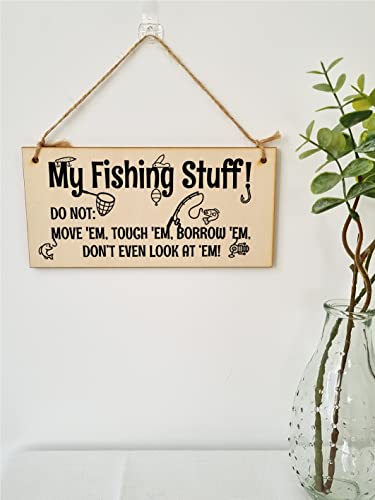 The Plum Penguin Handmade Wooden Hanging Wall Plaque My Fishing Stuff Don't Touch Funny Sign for Keen Anglers Shed Sign - Image 2