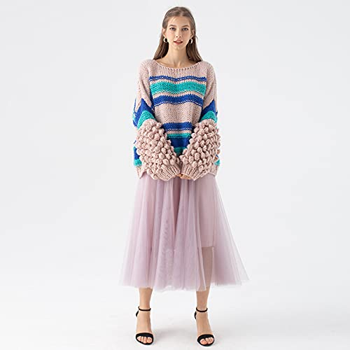 Chicwish Women's Comfy Casual Pink Blue Stripe Pom-Pom Bubble Sleeve Hand-Knit Chunky Sweater Pullover #TOP4