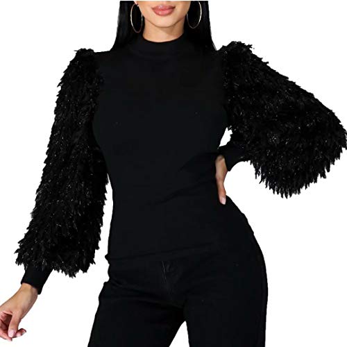 IyMoo Peplum Tops for Women - Pullover Sweaters Long Sleeve Mock Neck Fluffy Sleeve Elegant Blouse Black L
