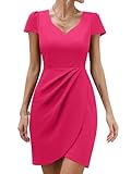 Missufe Fitted Formal Short Sleeve Dress Women's Wrap Sweetheart Ruched Mini Summer Party Dress (Hot Pink, X-Small)