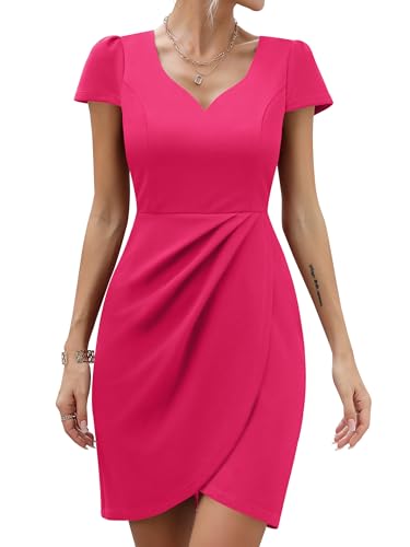 Missufe Fitted Formal Short Sleeve Dress Women's Wrap Sweetheart Ruched Mini Summer Party Dress (Hot Pink, X-Small)