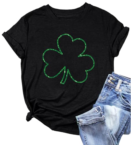 St. Patrick's Day Shirt Women Funny Buffalo Plaid Leopard Shamrock Printed Clover T-Shirt Graphic Tee(26 Black, X L)