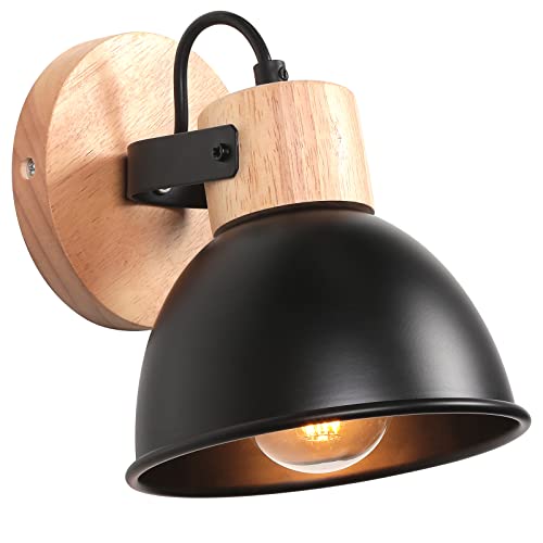 iDEGU Applique Murale Interieure Spot LED 15cm Rétro Lampe Murale Insustrielle en Bois Fer Design Vintage Luminaire Réglable Lustre Plafonnier E27 Éclairage...