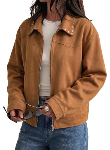 Dokotoo Jackets for Women Stylish Studded Faux Suede Cropped Coat Camel L