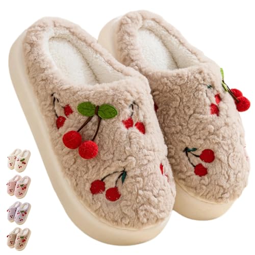 Cherry Slippers for Women Indoor Comfy Winter Warm House Slides Shoes Cute Womens Slippers Fuzzy Plush Slippers Soft Thick Soled Slippers Non Slip Cozy Home Bedroom Slippers