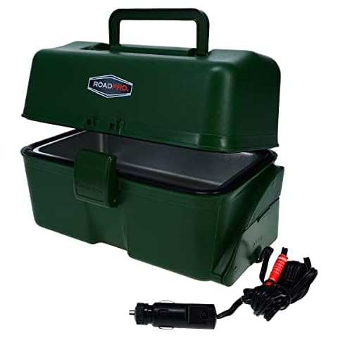 RoadPro RPLBSTOVET2 Electric Lunch Box Oven for Truck Portable Food Warmer Heated Lunch Box for Adults 12v Car Stove Van Life Travel or Construction – Deluxe, Hunter Green, 1 Quart Cover