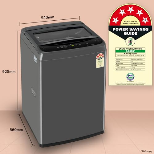 Image of LG 8 Kg 5 Star Smart Inverter Technology Fully Automatic Top Load Washing Machine (T80VBMB4Z, Turbodrum, Auto Prewash, Stainless Steel drum, LED Display, Smart Diagnosis, Middle Black)