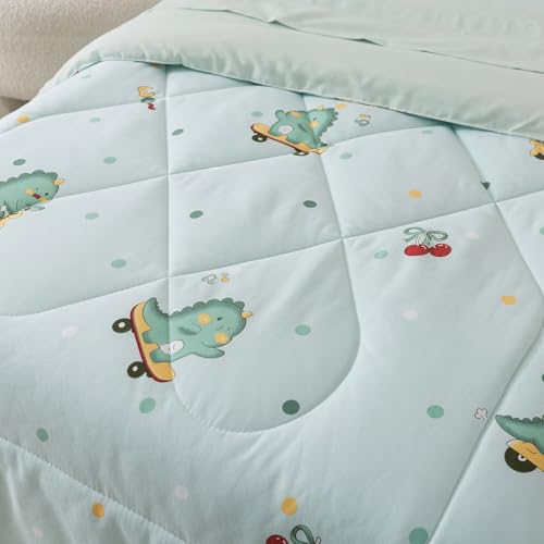 Image of Caressma 5 Pieces Twin Size Comforter Set Bed-in-a-Bag For baby & Kids,Soft Comforter Print Lovely Green Dinosaurs.Includes Comforter,Fitted Sheet,Flat Sheet,Pillow Case & Pillow Shame For All Seasons