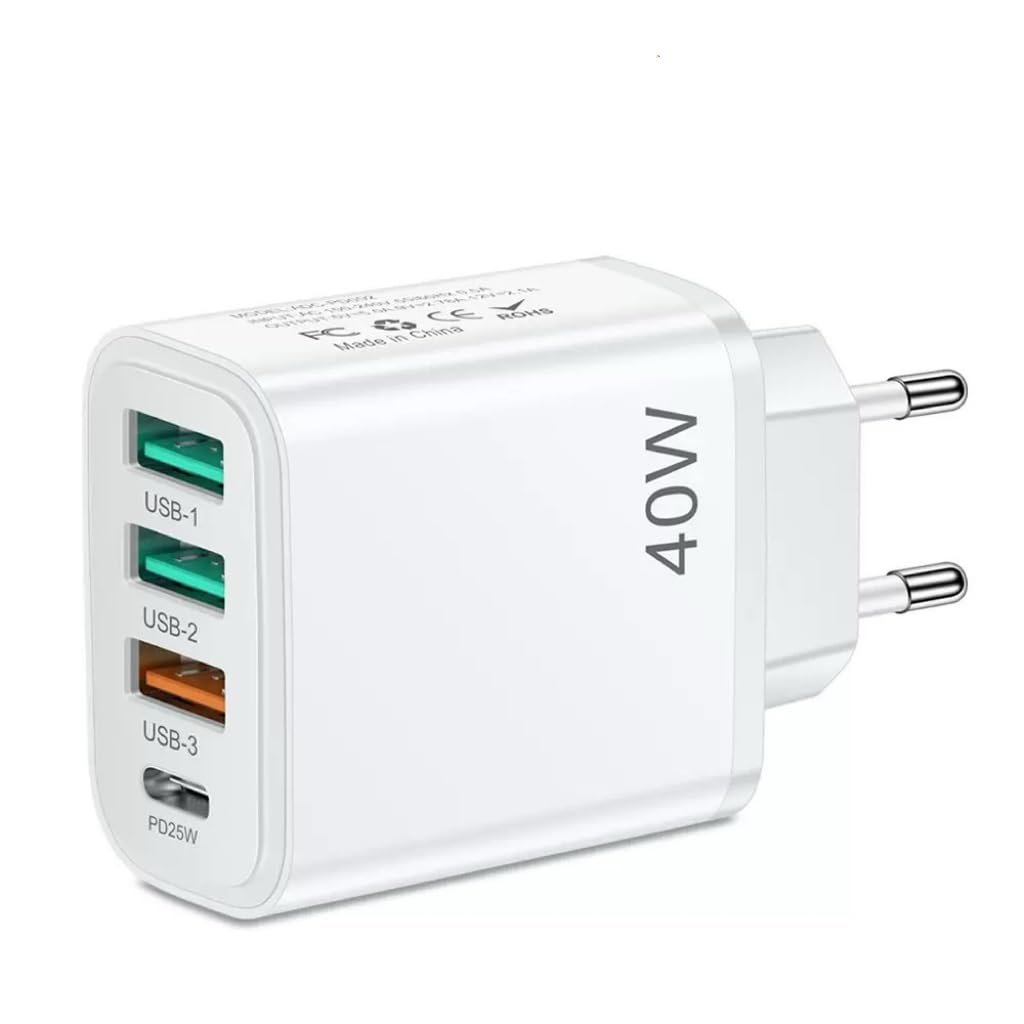EU travel adapter charger, fast charging 1 USB C and 3 USB A European plugs, European wall adapter with 3 USBA port and 1 Type C ports, Compatible with fast charging of iPhone/Samsung and others