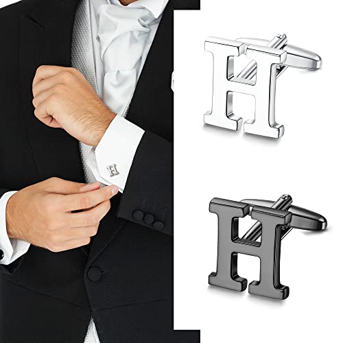 Ubgicig 2 Pairs Cufflinks For Men Personalized Initial Cufflinks Silver Tone Black Alphabet Cuff (H) #TOP2