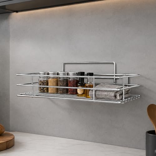 Image of USF 304 Stainless Steel Bathroom Shelf 3-in-1 Organizer Rack with Frosted Glass Soap Dish & Tumbler Holder, Wall Mounted Shelf for Bathroom & Kitchen, Space-Saving & Multipurpose Chrome Finish