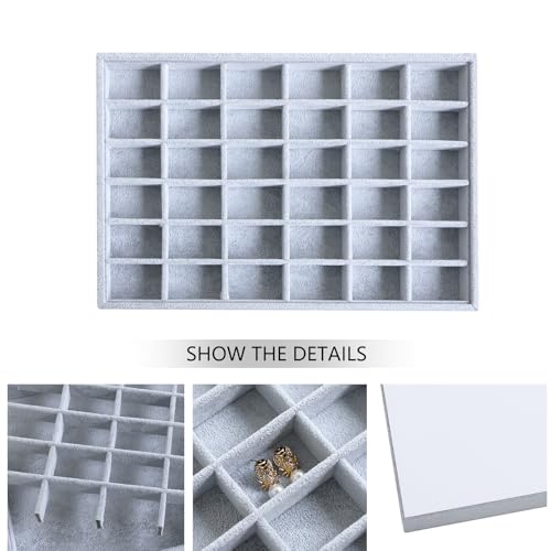 Image of Wudygirl 36 Grid Velvet Jewelry Tray Jewelry Organizer Earring Storage Ring Holder Display Drawer Inserts with Adjustable Divider (Gray)