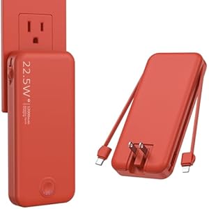 22.5W Super Fast Charging Portable Charger with Wall Plug,12000mAh USB-C Power Bank Built-in 2 Cable, Lightweight Phone Charger Travel Battery Pack for All iPhone, Samsung, Tablets Red