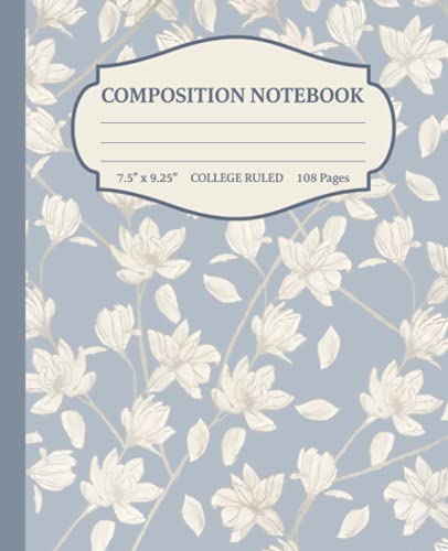 Composition Notebook, College Ruled, Cream Floral on Blue Aesthetic Notebook, Journal Notebook for Home School, Students Kids and College