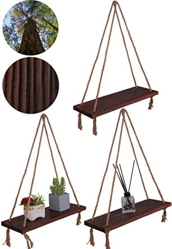 HXSWY Cute Wood Wall Hanging Shelves with Rope Wooden Swing Rope Shelf Set of 2 Brown