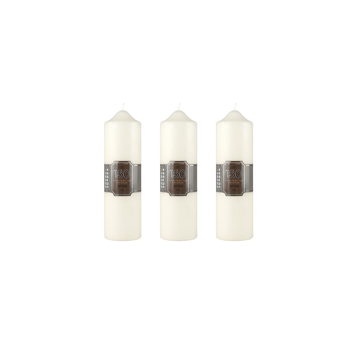 Pillar Candles Pack of 3 Long Burning Large Candle 7cm x 24cm with 150 Hours Burn Time - Dripless, Smokeless, Unscented Church Candles - Ideal for Weddings, Spa and Parties