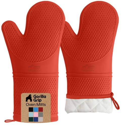 Image of GORILLA GRIP BPA-Free Soft Silicone Oven Mitts, 14.5x8.3, Heat Resistant and Waterproof Cooking Gloves, Thick Cotton Lining, Flexible Gripping for Baking Grilling, Kitchen Potholders Set of 2, Coral