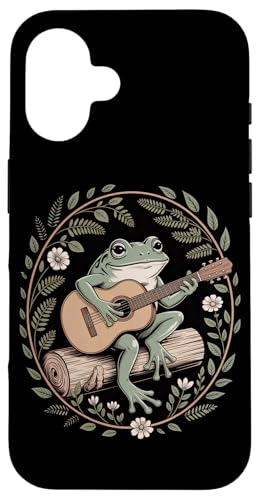 田園ノスタルジア コテージコア カエル フォークギター 木の丸太 野花と葉飾り 自然の静けさ スマホケース iPhone 16 用