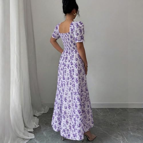 Kleider Damen Sommer Sommerkleid Damen Mini Kleid Blumenkleid Eckiger Ausschnitt Geraffte Taillie Leicht Luftig Boho Kleider für Reisen Abendpartys L G Light Purple-3