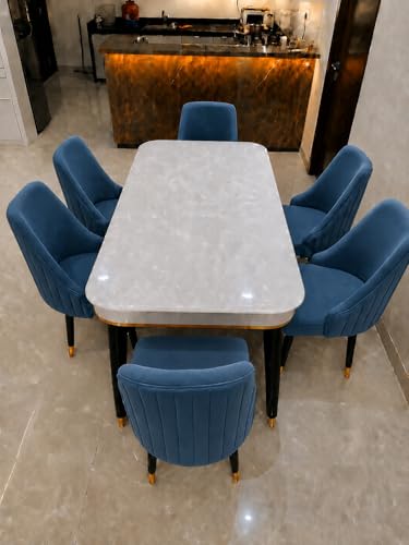 Image of WOODEN SPACE 6-Seater Wooden Dining Table Set | Nano Composite Marble Top | Solid Wood Base | Modern Dining Room Furniture with 6 Chairs (Blue Infinity Backline)