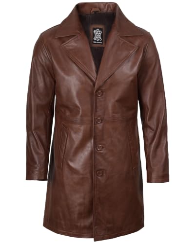 Image of Blingsoul Men's Leather Car Coat - Genuine Lambskin Long Leather Jacket for Men, Real Leather Coat with Lapel Collar