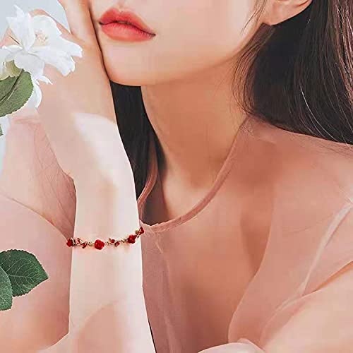 MLEPUS Red Rose Flower Link Charm Bracelets for Women Vintage Exquisite Rose Necklace Pendant Bracelet Set Clothing Accessories Festival Party Birthday Wedding Mother's Day Christmas Gift3