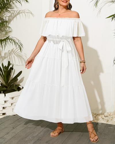 Image of Plus Size Chiffon Off The Shoulder Maxi Long Floral Summer Casual Beach Boho Sundress Women 2024