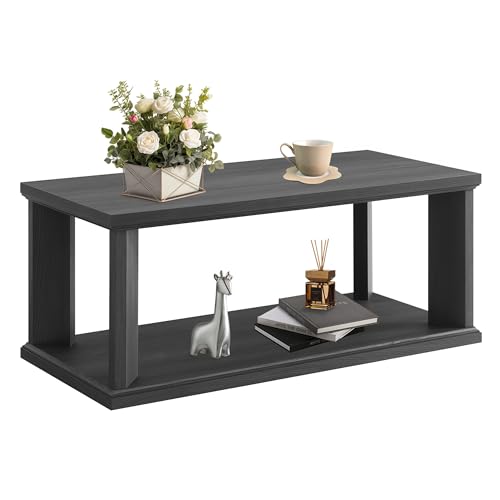 48“ Coffee Table, Wooden Center Table with 2 Tier Storage Shelves, Rectangular Living Room Table Modern Farmhouse Coffee Table for Living Room, Home Office, Bedroom, Apartment, Dark Grey
