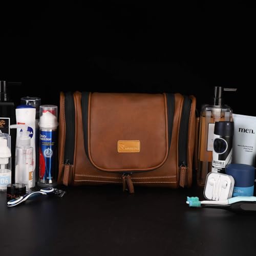 Image of MIRASON Travel Toiletry Bag, Hanging Toiletry Bag for Men, Leather Travel Shower Bag for Toiletries Dopp Kit Bathroom Bag with Metal Hook, Gift for Men (Brown)