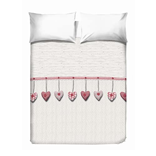 PENSIERI DELICATI Toile Couvre-lit 2 Personnes 260 x 280 cm, Toile Simple 100% Coton Pique, Idéal comme Toile Ameublement, Couverture Save Lit Double, Fantaisie Coeur Pendu Rouge, 100% Made in Italy