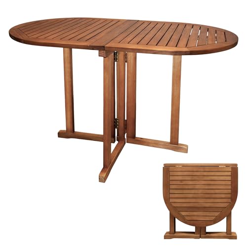 Table de jardin ovale en bois d'eucalyptus - 120 x 70 x 73 cm - Table pliante en bois huilé - Pour balcon, bistrot, brasserie