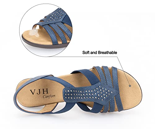 VJH confort Women's Flat Sandals, Comfort Elastic Slip-on Light Weight Slingback Casual Walking Sandals with Rhinestone3