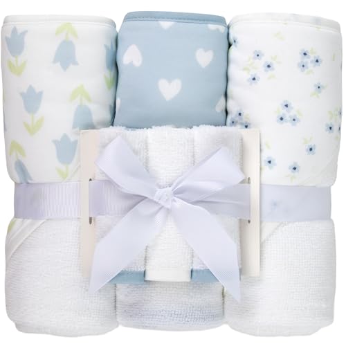 Image of Jessica Simpson Baby 6-Piece Hooded Towel & Washcloth Set - Soft Polyester Hooded Towels + Matching Washcloths - Blue & Neutral Floral Design