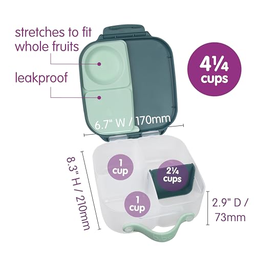 Image of b.box Mini Lunch Box Kids | 4.25 Cup Leak Proof Bento Box for Kids Ages 3+ | 3 Compartment Snack Containers, School Lunch Container, Dishwasher Safe, BPA-Free, PFAS-Free - Emerald Forest