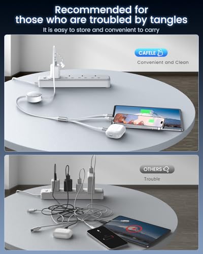 Image of CAFELE Retractable Charging Cable, 100W USB C Fast Charger Cable 3 in 1 with [30-130cm] Adjustable Length, Multi-Port Cord for Laptop, Phone, Car, Travel - PD3.1 /QC5.0（White）